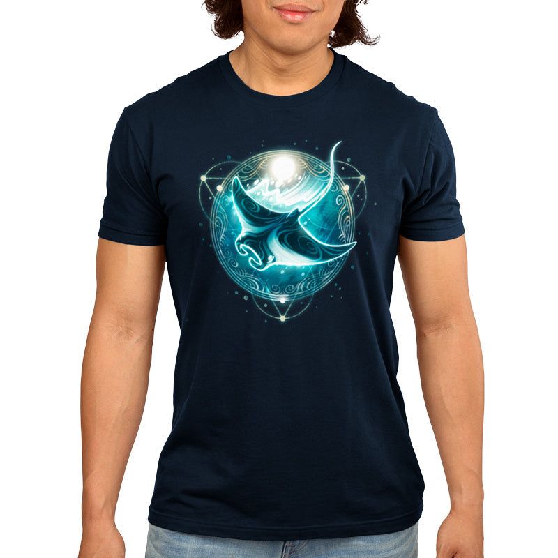 Premium Cotton T-shirt_TeeTurtle Mystical Manta Ray navy blue t-shirt featuring a glowing manta ray with swirling patterns.
