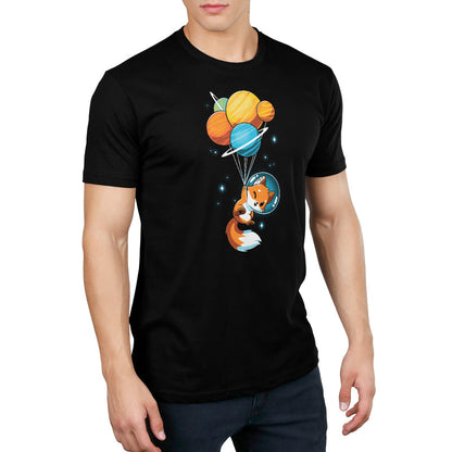 Premium Cotton T-shirt_A cartoon Foxy Astronaut in a space helmet is being lifted by balloons shaped like planets against a dark background. This whimsical design is printed on a super soft ringspun cotton Unisex Tee, perfect for space lovers of all ages. The Foxy Astronaut Unisex apparelby monsterdigital is sure to delight fans everywhere.