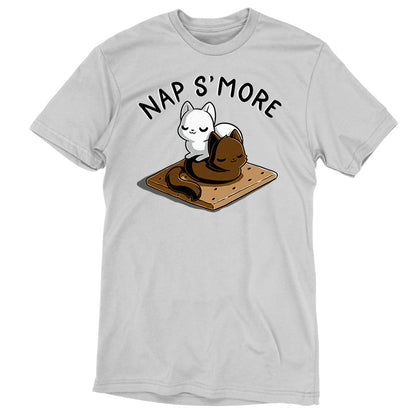 Premium Cotton T-shirt_TeeTurtle Nap S'more silver gray t-shirt featuring two cute cats, one white and one brown, who are peacefully sleeping on a graham cracker looking like our favorite dessert food s'mores. Text above them reads "NAP S'MORE". 