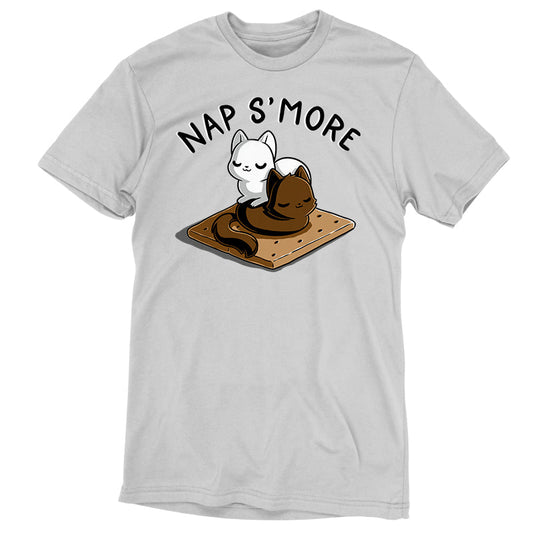 Premium Cotton T-shirt_TeeTurtle Nap S'more silver gray t-shirt featuring two cute cats, one white and one brown, who are peacefully sleeping on a graham cracker looking like our favorite dessert food s'mores. Text above them reads 