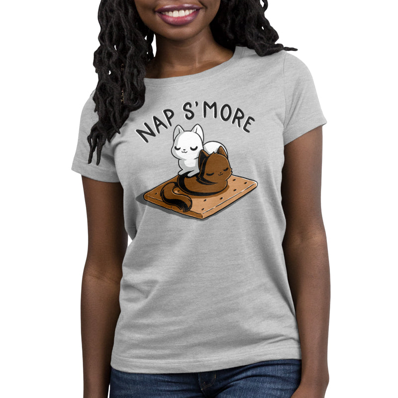 Premium Cotton T-shirt_TeeTurtle Nap S'more silver gray t-shirt featuring two cute cats, one white and one brown, who are peacefully sleeping on a graham cracker looking like our favorite dessert food s'mores. Text above them reads "NAP S'MORE". 