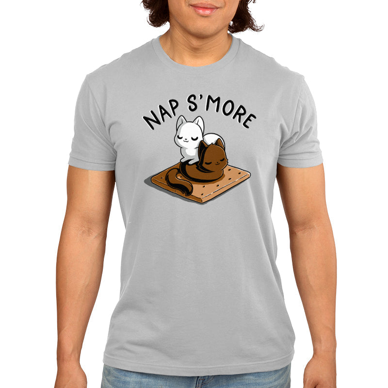 Premium Cotton T-shirt_TeeTurtle Nap S'more silver gray t-shirt featuring two cute cats, one white and one brown, who are peacefully sleeping on a graham cracker looking like our favorite dessert food s'mores. Text above them reads "NAP S'MORE". 