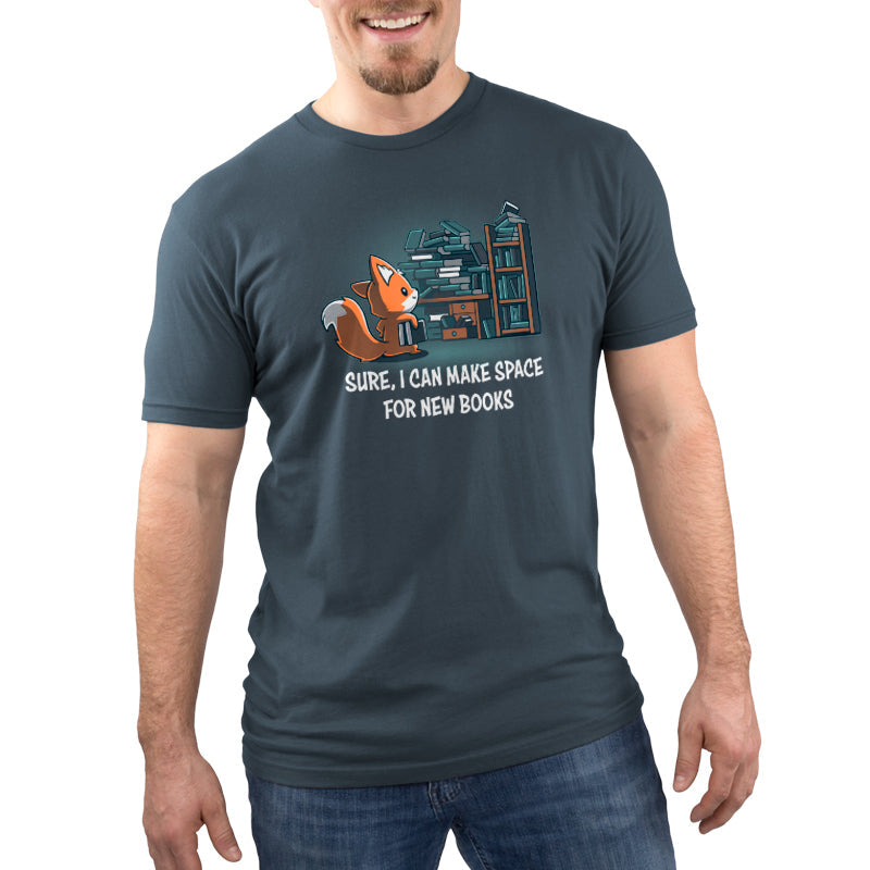 Premium Cotton T-shirt - Man wearing a gray unisex apparelfeaturing a cartoon fox and books with the phrase "Sure, I can make space for new Never-Ending Bookshelf" by monsterdigital.