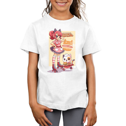 Premium Cotton T-shirt_TeeTurtle Nyan's Cafe white t-shirt featuring a girl in a pink cat-themed costume on roller skates holding a tray of food. Next to her, a cat in a matching outfit and roller skates is also holding a tray of food. The text reads "Nyan's Cafe."