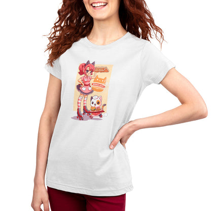 Premium Cotton T-shirt_TeeTurtle Nyan's Cafe white t-shirt featuring a girl in a pink cat-themed costume on roller skates holding a tray of food. Next to her, a cat in a matching outfit and roller skates is also holding a tray of food. The text reads "Nyan's Cafe."