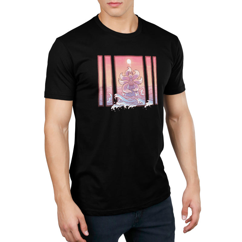 Premium Cotton T-shirt_TeeTurtle Ocean Kitsune black t-shirt featuring an illustrated Ocean kitsune in a nature scene. The kitsune stands on water with waves splashing, framed by five vertical panels against a pink and orange sunset sky with a bright moon above.