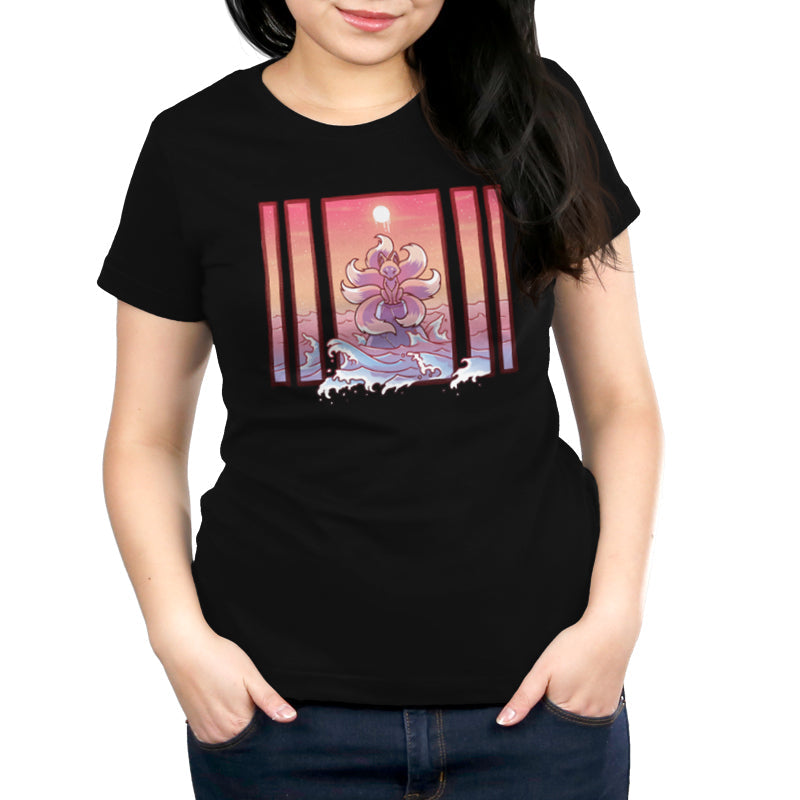 Premium Cotton T-shirt_TeeTurtle Ocean Kitsune black t-shirt featuring an illustrated Ocean kitsune in a nature scene. The kitsune stands on water with waves splashing, framed by five vertical panels against a pink and orange sunset sky with a bright moon above.