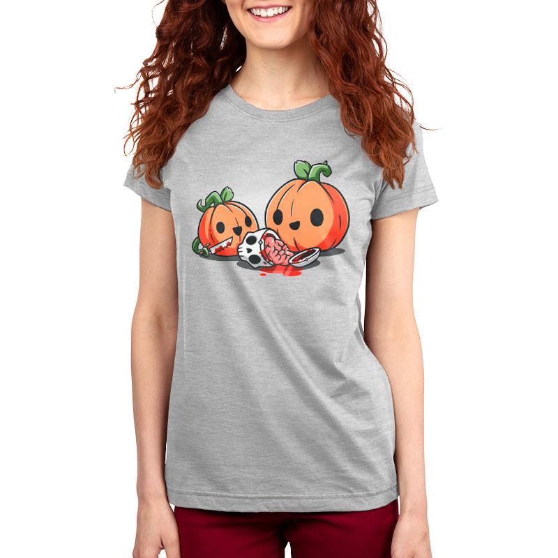 Premium Cotton T-shirt_TeeTurtle Pumpkin Carving silver gray t-shirt featuring cheerful pumpkins carving a human skull.