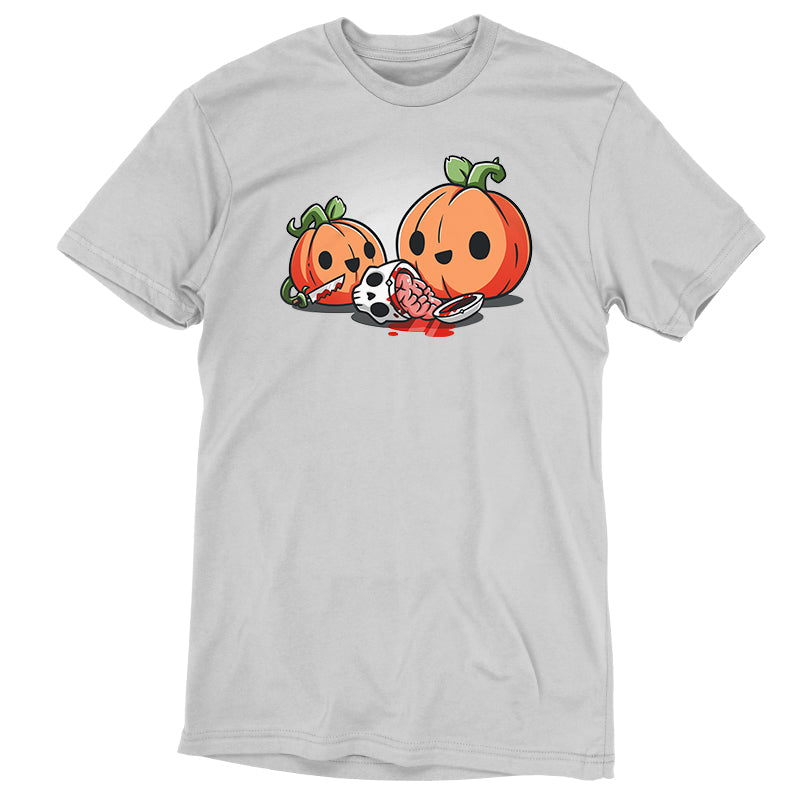 Premium Cotton T-shirt_TeeTurtle Pumpkin Carving silver gray t-shirt featuring cheerful pumpkins carving a human skull.