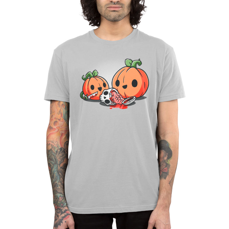 Premium Cotton T-shirt_TeeTurtle Pumpkin Carving silver gray t-shirt featuring cheerful pumpkins carving a human skull.