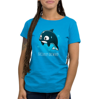 Premium Cotton T-shirt_TeeTurtle Orcward Cobalt Blue t-shirt featuring a cartoon of an orca with a nervous expression, a sweat drop on its head, and the text "SOCIALLY ORCWARD" below it. 