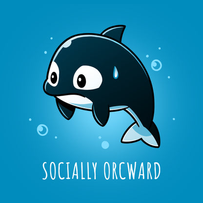 Premium Cotton T-shirt_TeeTurtle Orcward Cobalt Blue t-shirt featuring a cartoon of an orca with a nervous expression, a sweat drop on its head, and the text "SOCIALLY ORCWARD" below it. 