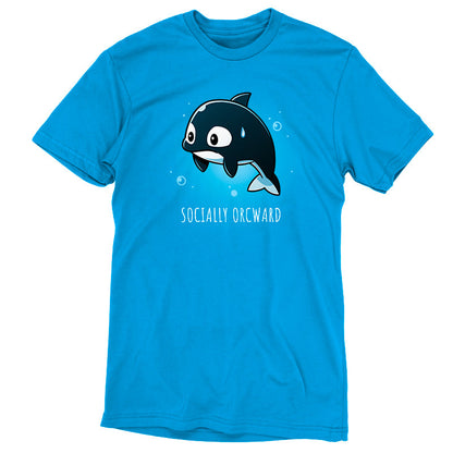 Premium Cotton T-shirt_TeeTurtle Orcward Cobalt Blue t-shirt featuring a cartoon of an orca with a nervous expression, a sweat drop on its head, and the text "SOCIALLY ORCWARD" below it. 