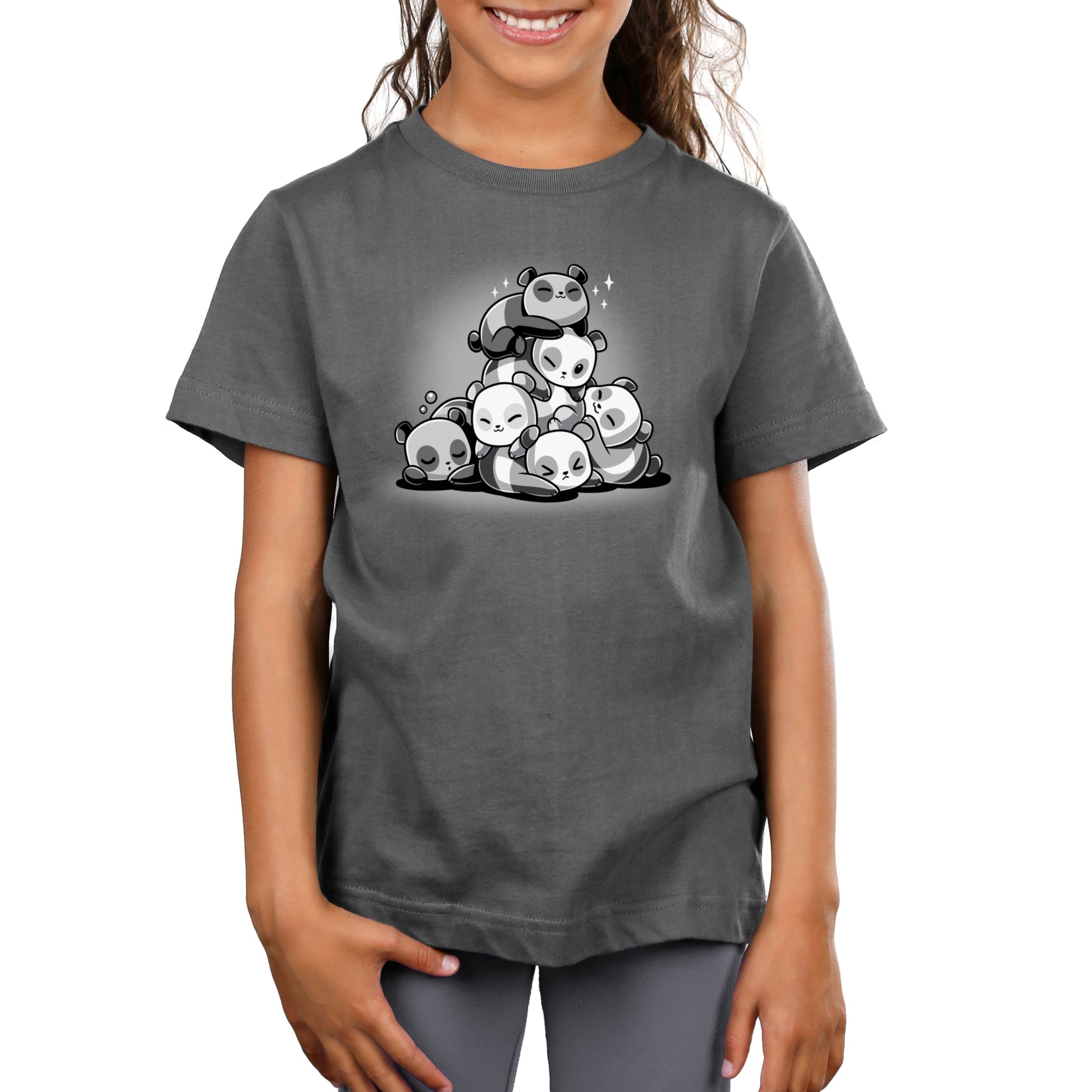 Premium Cotton T-shirt_TeeTurtle Panda Pile Charcoal Gray t-shirt featuring a group of cartoon pandas sleeping in a stack. 