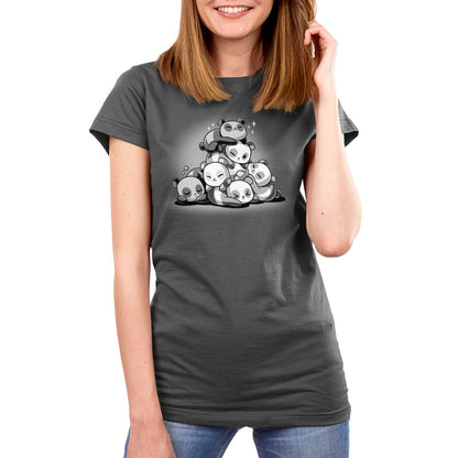 Premium Cotton T-shirt_TeeTurtle Panda Pile Charcoal Gray t-shirt featuring a group of cartoon pandas sleeping in a stack. 