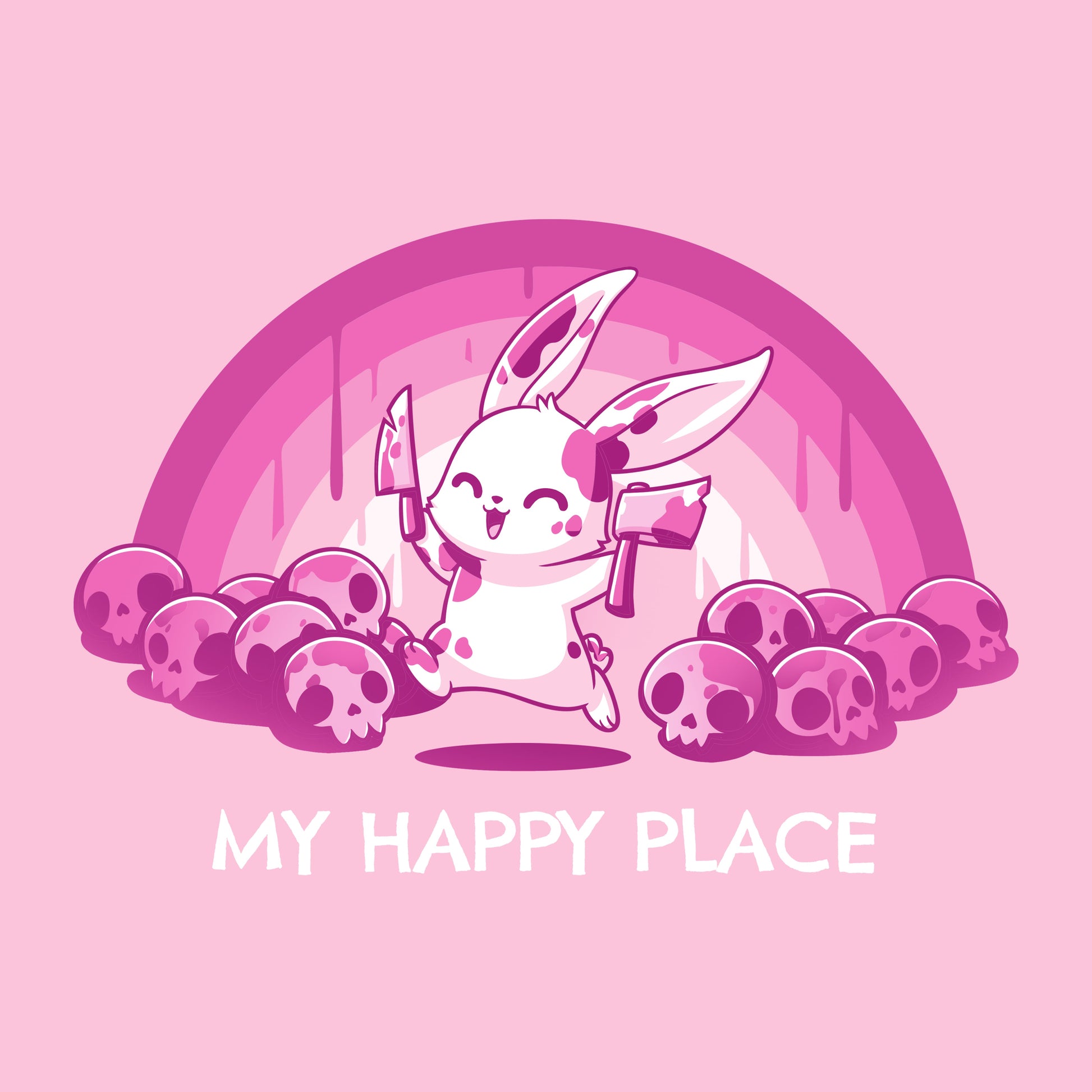 Premium Cotton T-shirt_TeeTurtle Pink Rainbows & Skulls pink T-shirt featuring a bunny with knives.