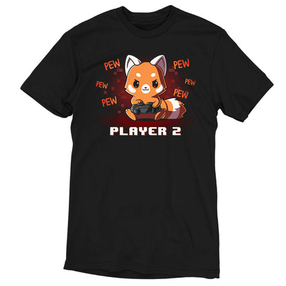 Premium Cotton T-shirt_Teeturtle Player 2 Red Panda black t-shirt featuring a red panda holding a game controller with "PEW PEW PEW" written around it. The text "PLAYER 2" is at the bottom.