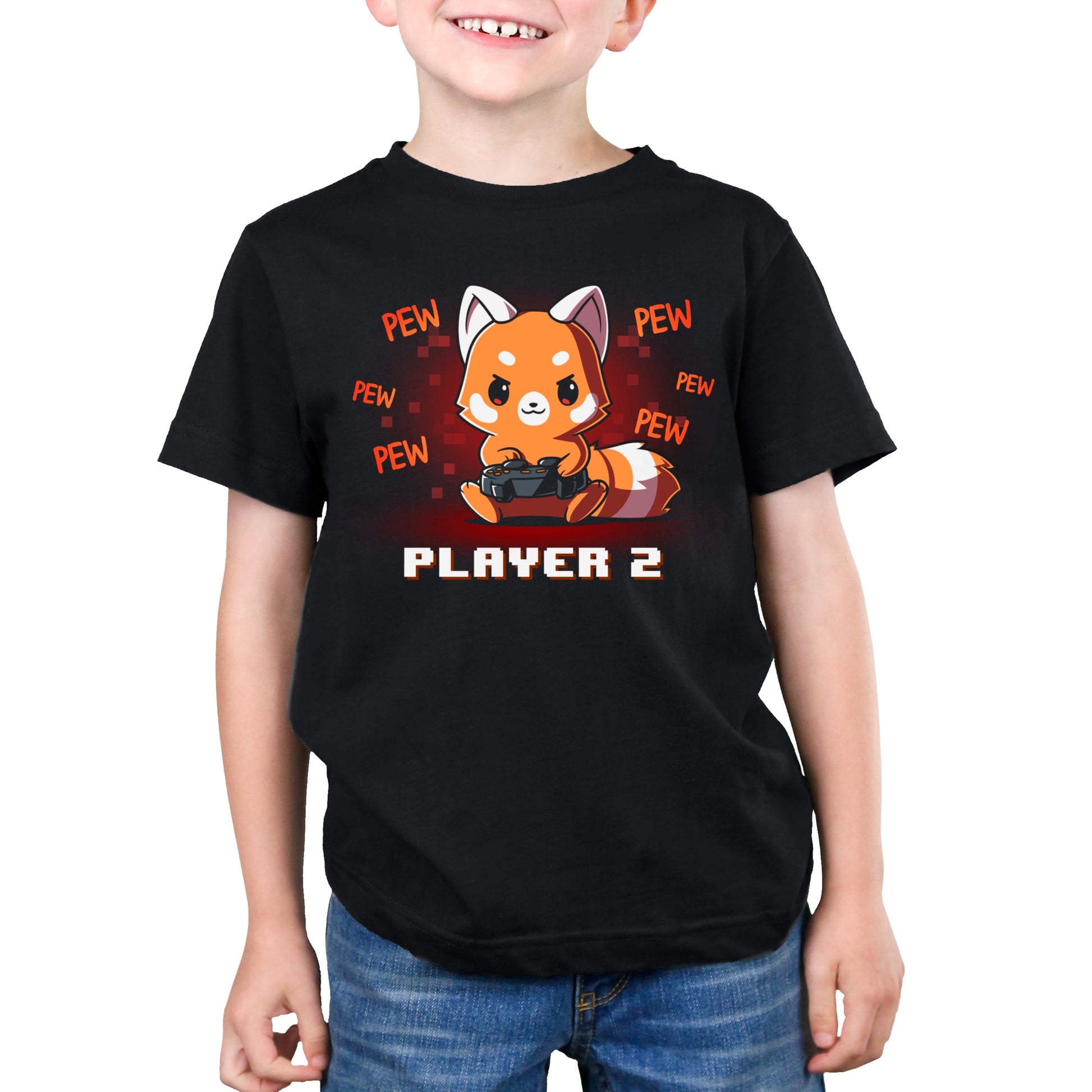 Premium Cotton T-shirt_Teeturtle Player 2 Red Panda black t-shirt featuring a red panda holding a game controller with "PEW PEW PEW" written around it. The text "PLAYER 2" is at the bottom.