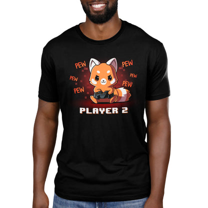 Premium Cotton T-shirt_Teeturtle Player 2 Red Panda black t-shirt featuring a red panda holding a game controller with "PEW PEW PEW" written around it. The text "PLAYER 2" is at the bottom.