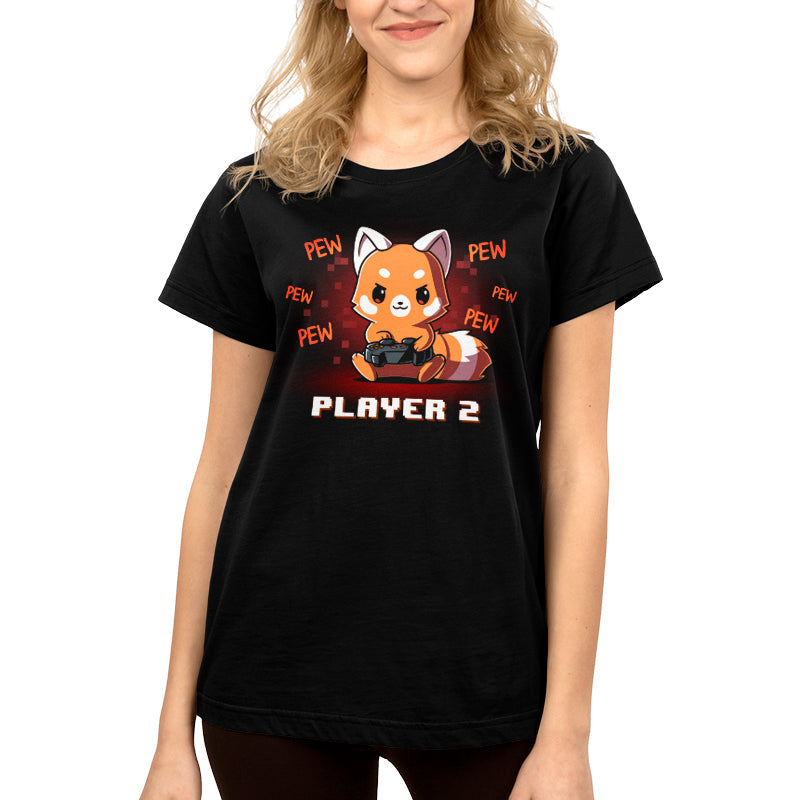 Premium Cotton T-shirt_Teeturtle Player 2 Red Panda black t-shirt featuring a red panda holding a game controller with "PEW PEW PEW" written around it. The text "PLAYER 2" is at the bottom.