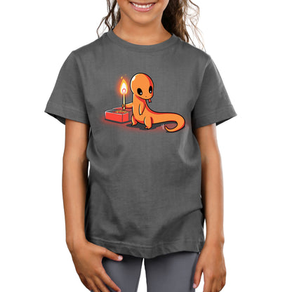 Premium Cotton T-shirt_TeeTurtle Playing With Fire Charcoal t-shirt featuring a cute orange salamander holding a lit match.