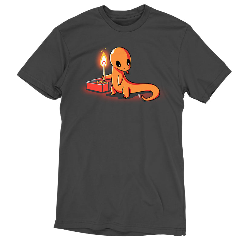 Premium Cotton T-shirt_TeeTurtle Playing With Fire Charcoal t-shirt featuring a cute orange salamander holding a lit match.