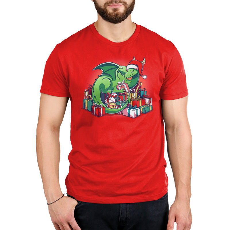 Premium Cotton T-shirt - A green dragon with a Santa hat surrounded by Present Hoarder presents from TeeTurtle.