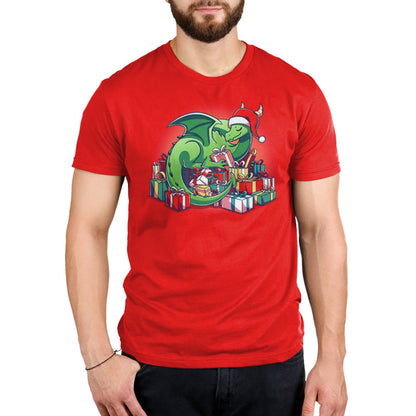 Premium Cotton T-shirt - A green dragon with a Santa hat surrounded by Present Hoarder presents from TeeTurtle.