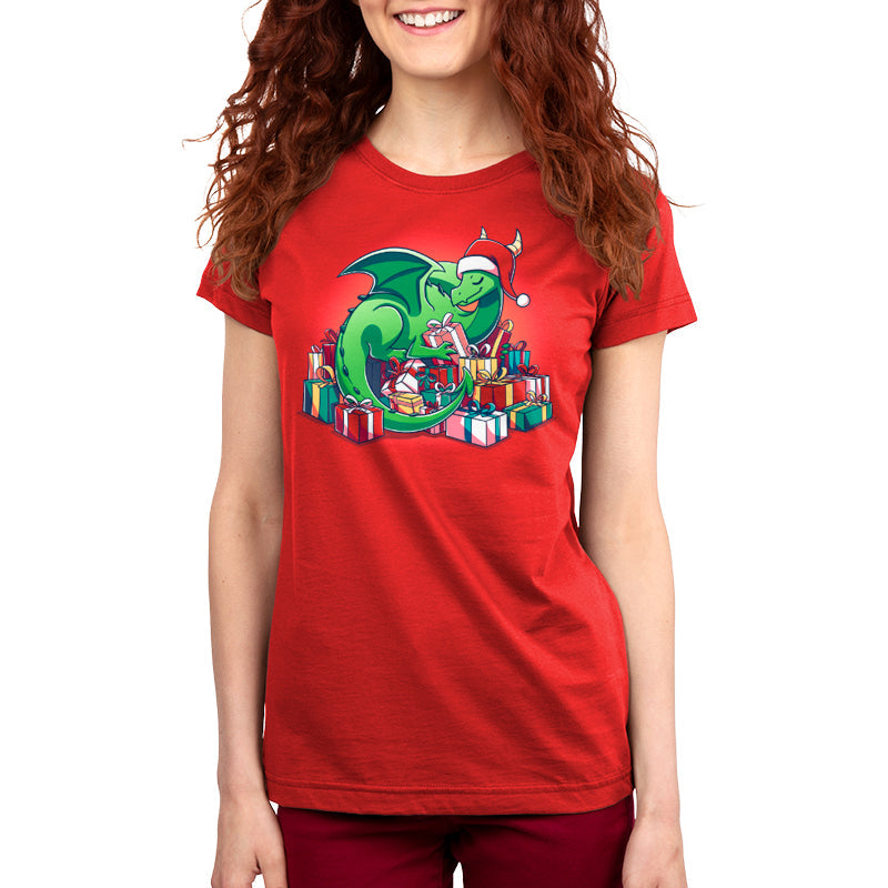 Premium Cotton T-shirt - A green dragon with a Santa hat surrounded by Present Hoarder presents from TeeTurtle.