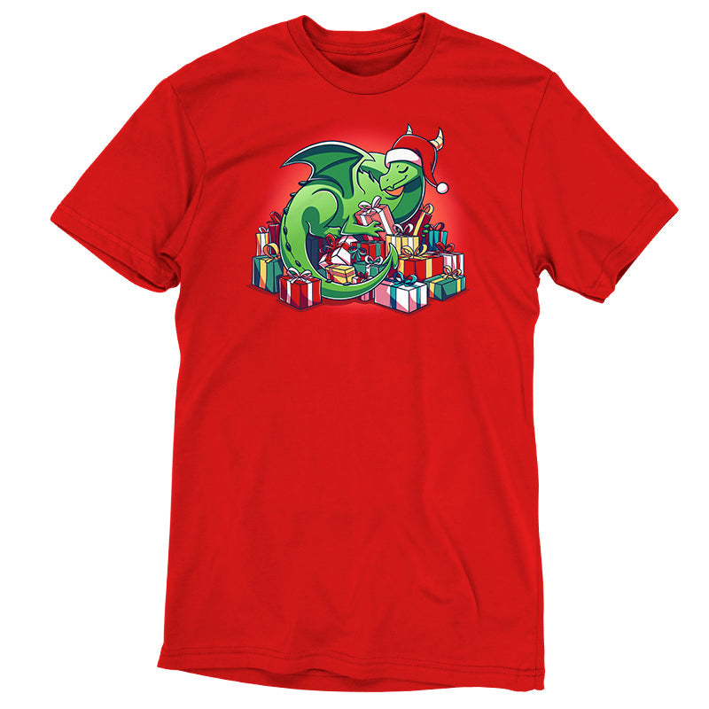 Premium Cotton T-shirt - A green dragon with a Santa hat surrounded by Present Hoarder presents from TeeTurtle.