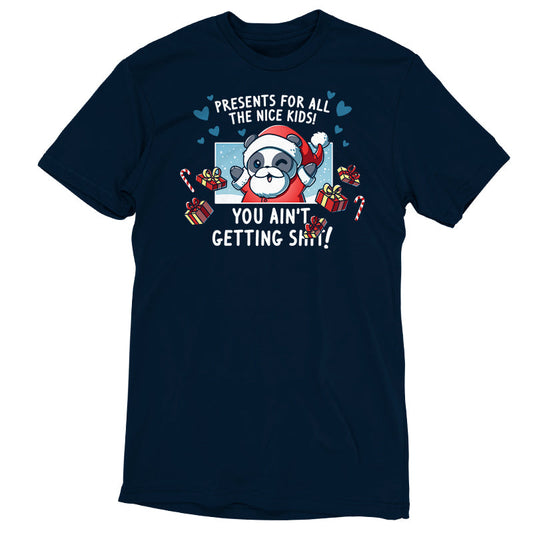 Premium Cotton T-shirt_TeeTurtle navy blue Presents For All The Nice Kids apparel featuring a panda in a Santa Claus outfit surrounded by presents saying, 