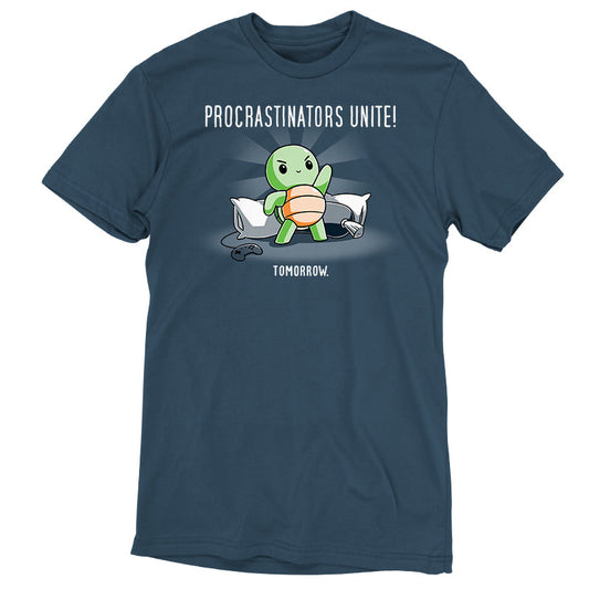 Premium Cotton T-shirt_TeeTurtle Procrastinators Unite! (Tomorrow) denim blue t-shirt featuring a green turtle standing on pillows with a game controller nearby, and text that reads, 