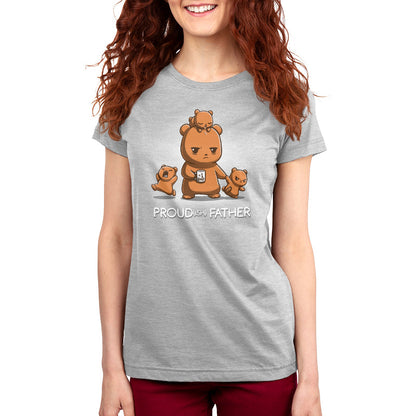 Premium Cotton T-shirt - A woman with long red hair wearing a super soft ringspun cotton gray apparel featuring an illustration of a bear and three bear cubs with the text "Proud(ish) Father" from monsterdigital.