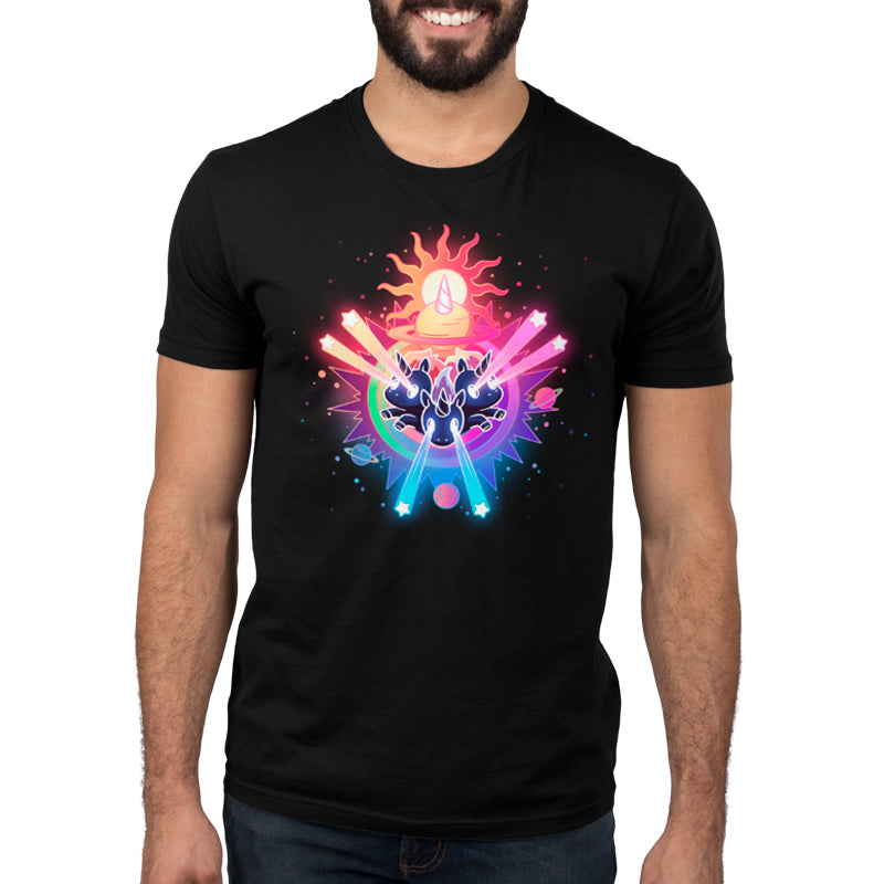 Premium Cotton T-shirt_TeeTurtle black Psychedelic Unicorns. Featuring unicorns shooting star-shaped lasers out of their eyes surrounded by psychedelic galactic elements.