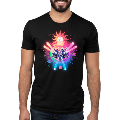 Premium Cotton T-shirt_TeeTurtle black Psychedelic Unicorns. Featuring unicorns shooting star-shaped lasers out of their eyes surrounded by psychedelic galactic elements.