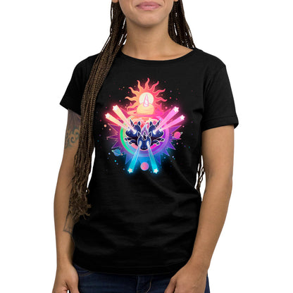 Premium Cotton T-shirt_TeeTurtle black Psychedelic Unicorns. Featuring unicorns shooting star-shaped lasers out of their eyes surrounded by psychedelic galactic elements.