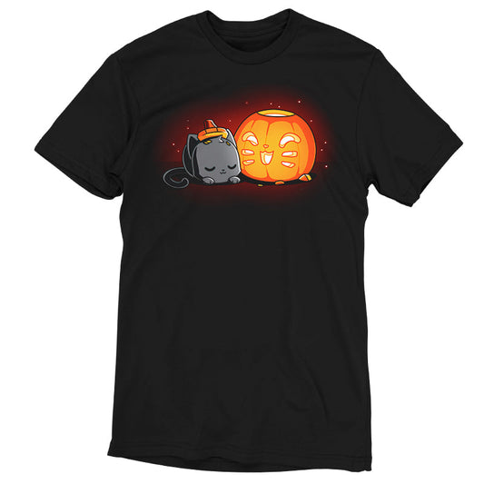 Premium Cotton T-shirt_TeeTurtle Pumpkin Carver black t-shirt featuring a cat sleeping next to a cute Halloween jack-o-lantern