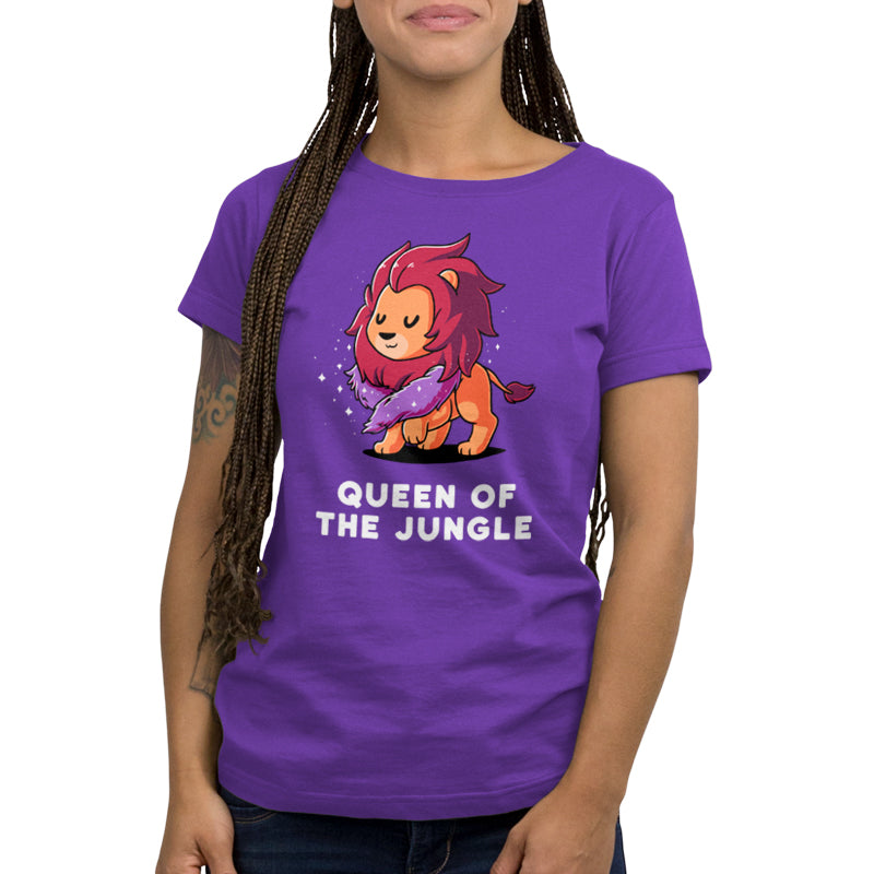 Premium Cotton T-shirt_TeeTurtle Queen of the Jungle purple t-shirt featuring a lion with a purple fur boa and closed eyes.