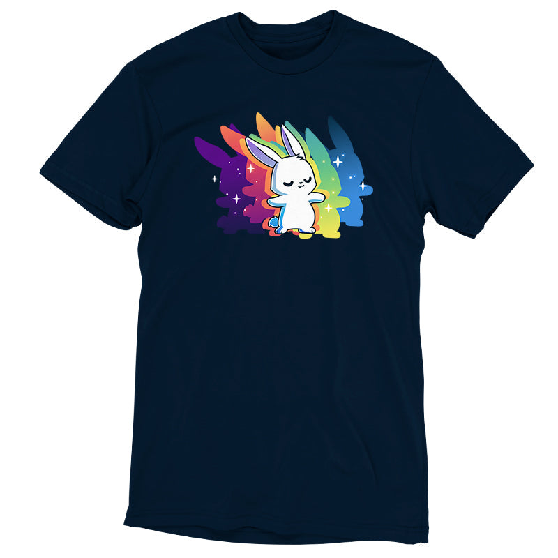 Premium Cotton T-shirt - This navy blue women’s apparel, "Queer Vibes Only" by monsterdigital, features a cute white rabbit with a colorful rainbow shadow and sparkles on the chest, crafted from super soft ringspun cotton for ultimate comfort.