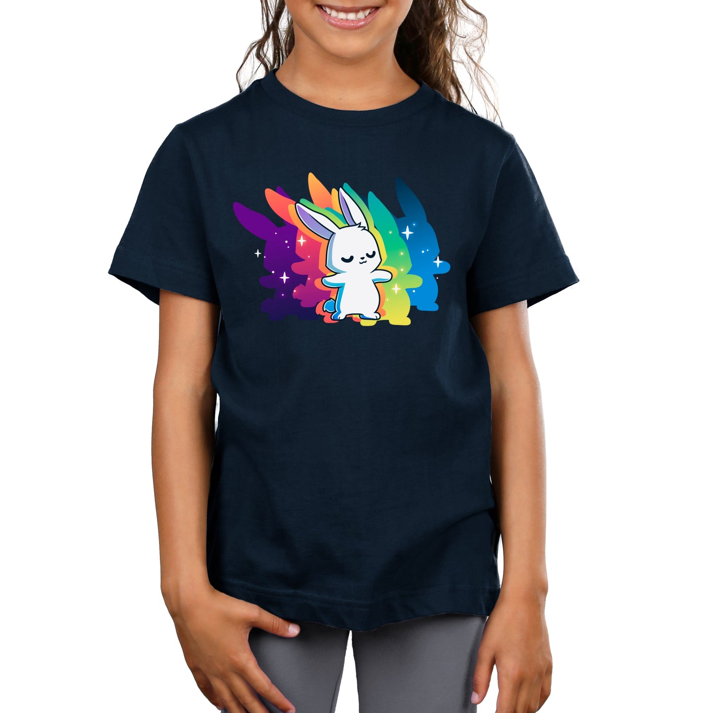 Premium Cotton T-shirt - A child wearing a navy blue apparel made from super soft ringspun cotton, featuring a graphic of Queer Vibes Only by monsterdigital, standing confidently in front of a vibrant, multicolored background.