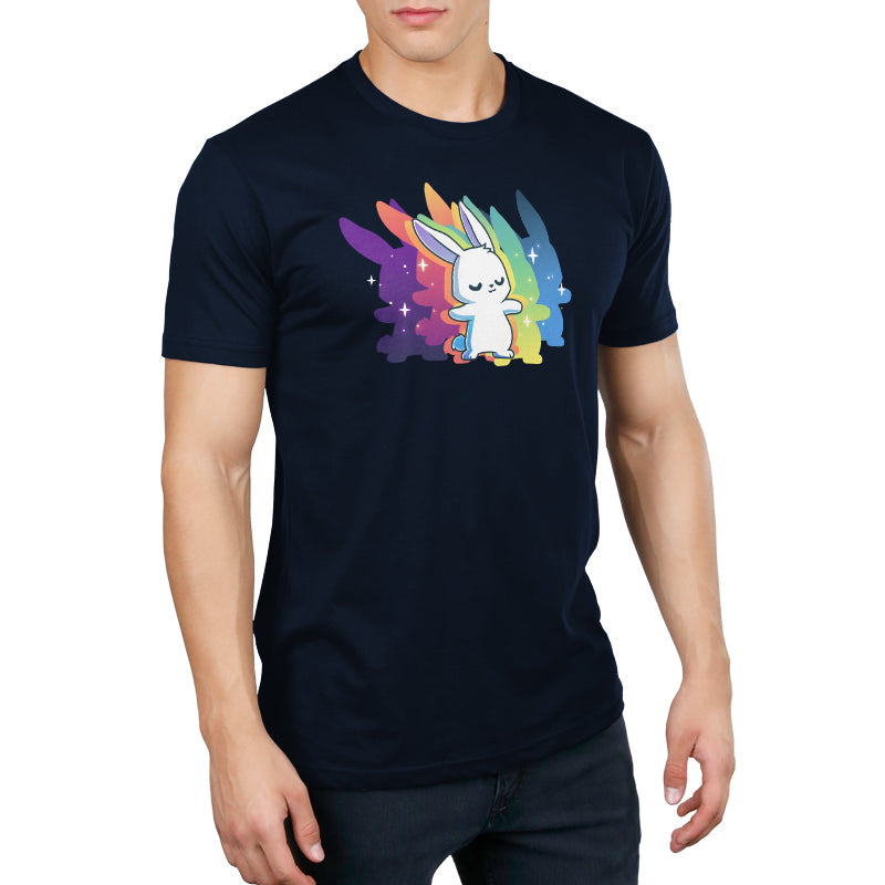 Premium Cotton T-shirt - A person wearing a navy blue monsterdigital Queer Vibes Only apparel featuring a white cartoon bunny with a rainbow and star background.