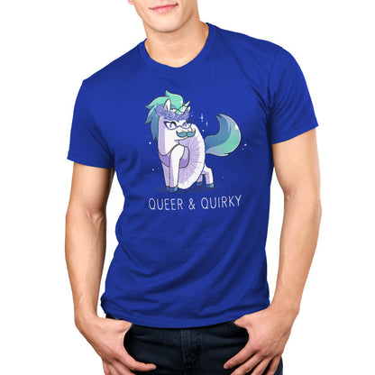 Premium Cotton T-shirt_Teeturtle Queer and Quirky Royal Blue Featuring a sparkling unicorn in a tutu and a crown of roses wearing glasses and sporting a moustache with the image above the words 'Queer and Quirky'.