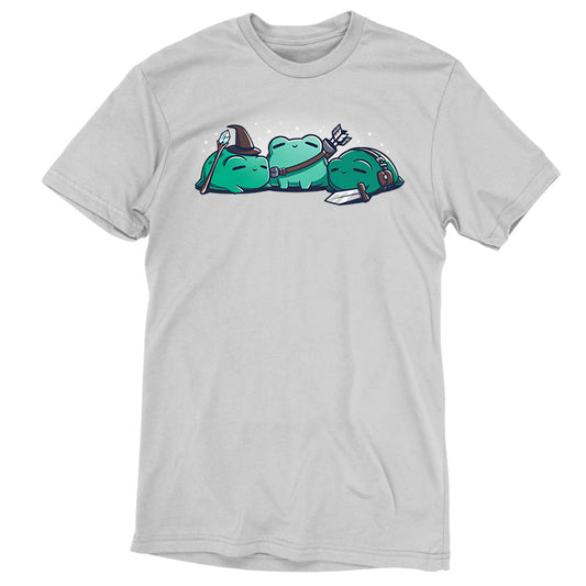 Premium Cotton T-shirt - Gray kids apparel featuring a graphic of three cartoon frogs dressed as a wizard, a knight, and an archer. Product name: RPG Frogs by monsterdigital.