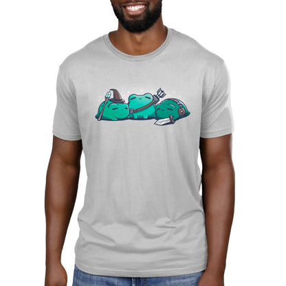 Premium Cotton T-shirt - A person wearing a light gray kids apparel featuring a graphic of three green cartoon frogs dressed as a pirate, a chef, and one wearing headphones from monsterdigital's RPG Frogs collection.