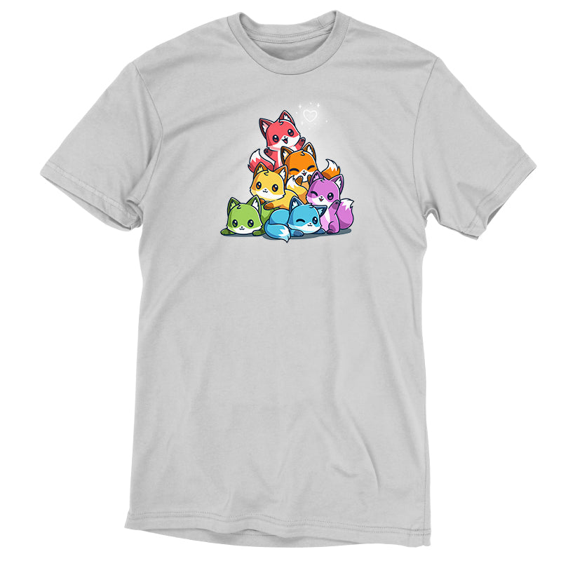 Premium Cotton T-shirt - Gray apparel featuring a colorful graphic of six cartoon foxes in a playful arrangement. This super soft ringspun cotton apparel, the Rainbow Foxes by monsterdigital, offers a unisex fit, making it perfect for anyone looking to add some fun to their wardrobe.