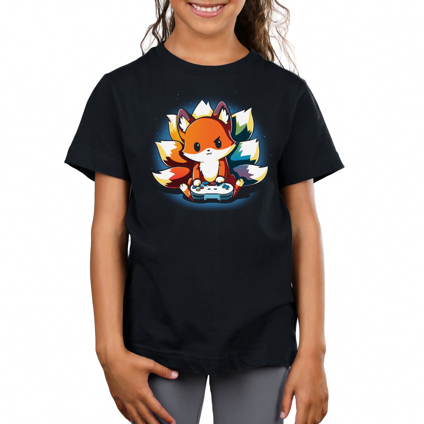 Premium Cotton T-shirt - A child wearing a super soft ringspun cotton, unisex apparelfeaturing a cartoon fox playing a video game against a colorful background. This Rainbow Gamer by monsterdigital is perfect for any young gaming enthusiast.