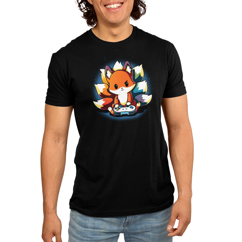 Premium Cotton T-shirt_TeeTurtle Rainbow Gamer black Featuring a kitsune with rainbow tails playing video games