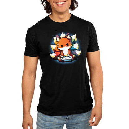 Premium Cotton T-shirt_TeeTurtle Rainbow Gamer black Featuring a kitsune with rainbow tails playing video games