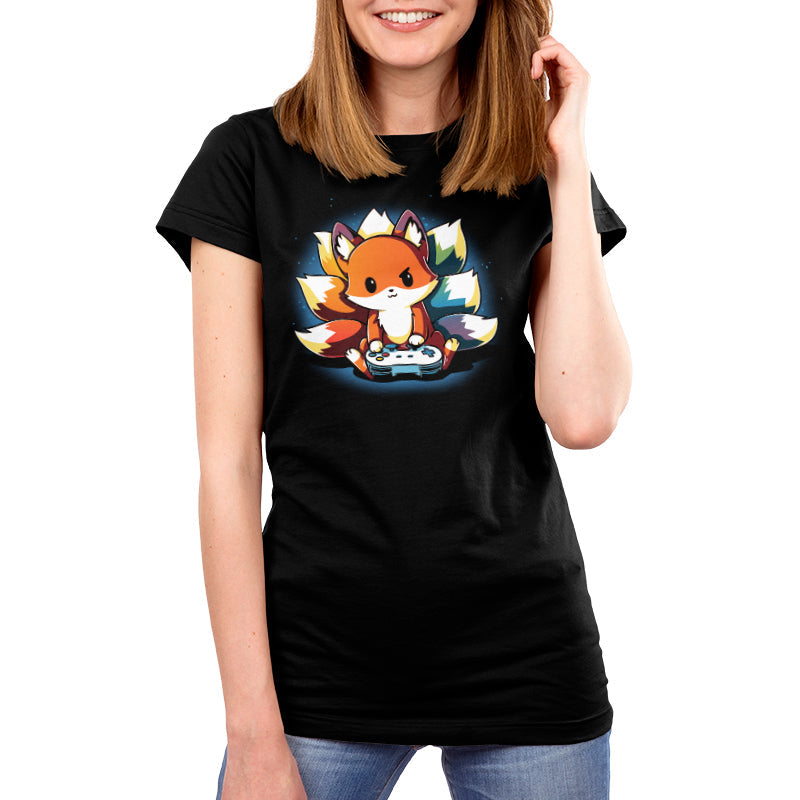 Premium Cotton T-shirt_TeeTurtle Rainbow Gamer black Featuring a kitsune with rainbow tails playing video games