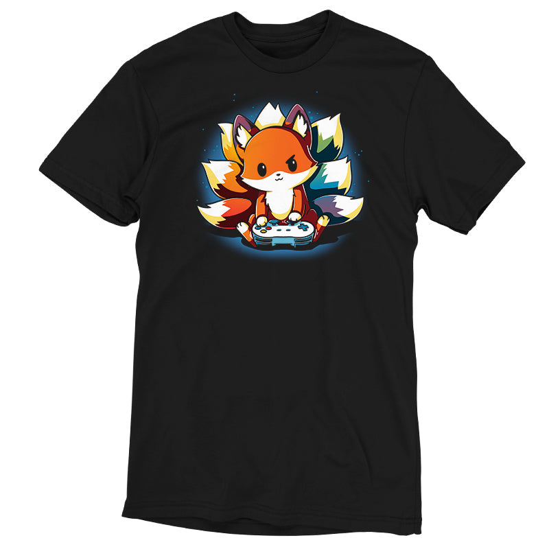 Premium Cotton T-shirt_TeeTurtle Rainbow Gamer black Featuring a kitsune with rainbow tails playing video games